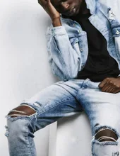 2017 knees zipper ripped jeans Water to wash feet of cultivate one’s morality leisure pants men’s trousers