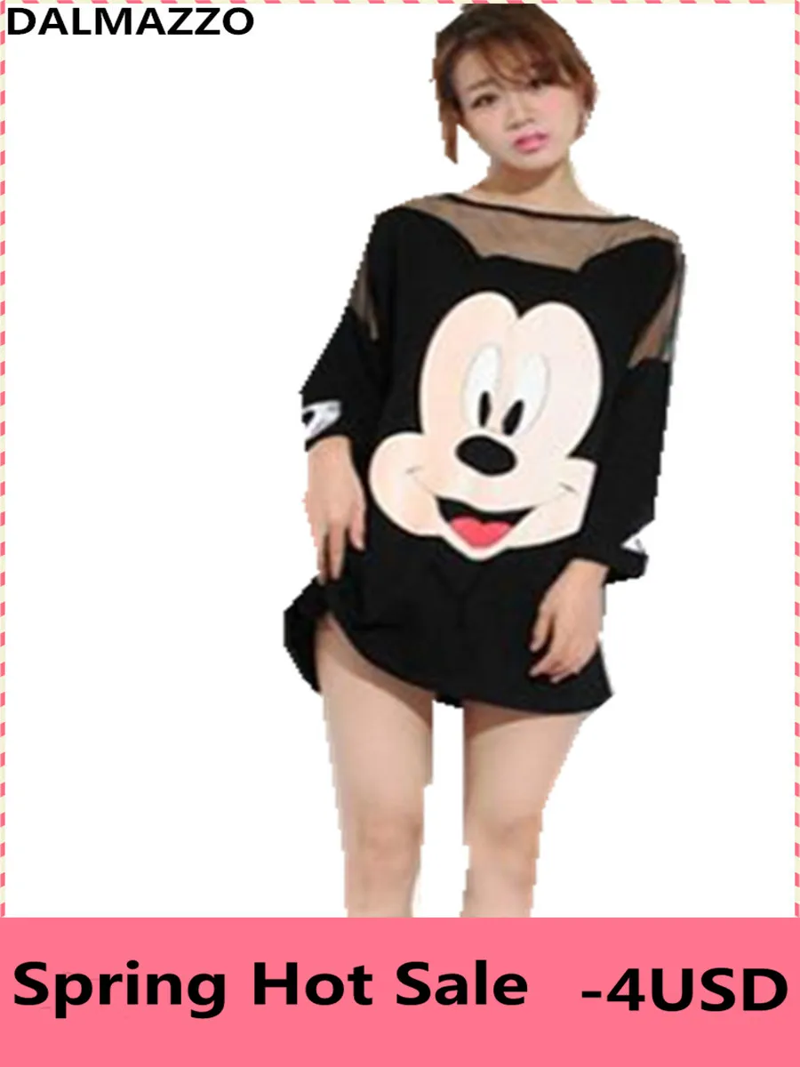 

DALMAZZO 2019 Hot Sale Cartoon Design Mickey Black Women Print Mini Short Dresses Mesh Runway T-Shirt Loose Big Size Dress M-4XL