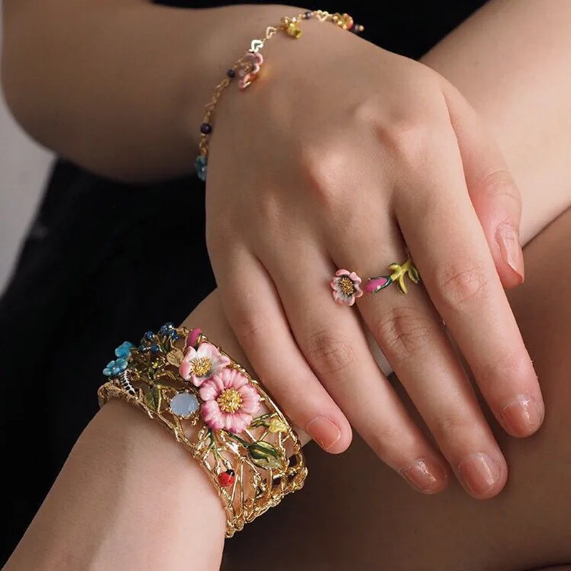 Оригинальные дизайнерские женские серьги Amybaby с восточными розовыми цветами, ожерелье, кольцо, браслет с эмалированной глазурью, вечерние ювелирные изделия
