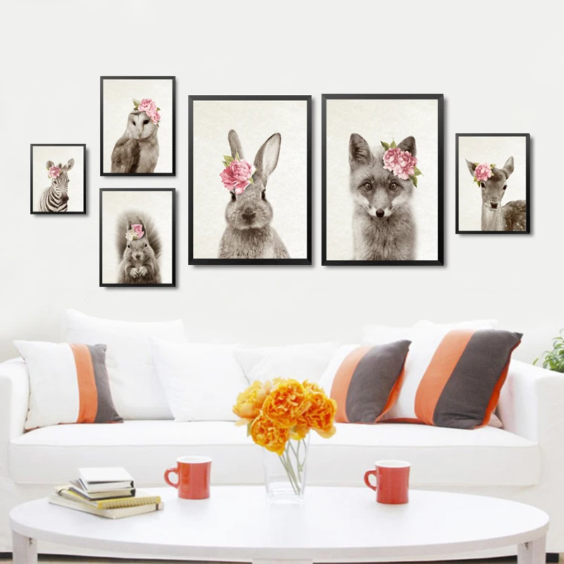 cute animals with flowers wall art poster rabbit print cute baby prints
