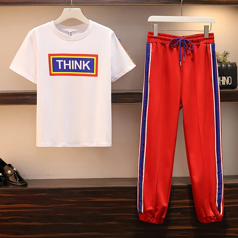 

Summer Plus size XL-5XL Two piece set women Tshirts+pants Loose short sleeve Casual 2 piece suits female sweatsuit matching sets