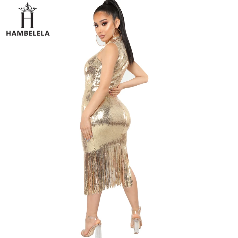 HAMBELELA Golden Black Long Formal Party Dresses Sexy Turtleneck Sleeveless Bodycon Dress Women's Vintage Tassel Sequined Dress (1)