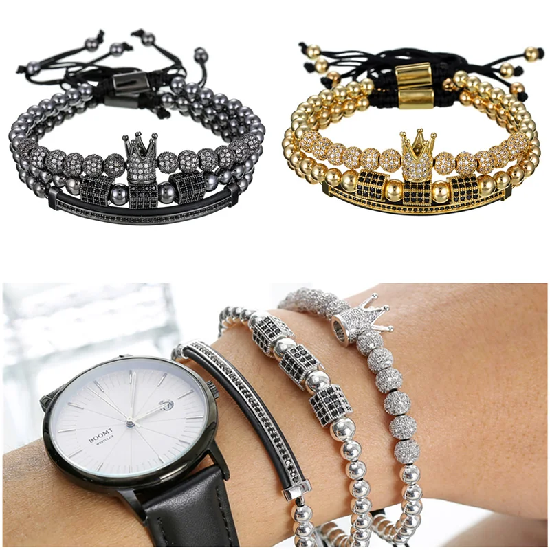 

CZ Polygon Ball Crown Charm Copper Bead Macrame Handmade Men 3pcs Bracelets Set Bangles For Men Jewelry