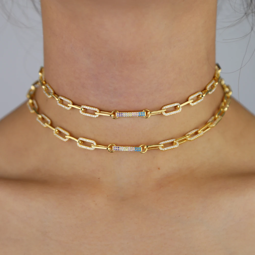 

New arrived hip hop long chain 32+8cm square link chain iced out bling micro pave cz women Modern simple Chain Necklace jewelry