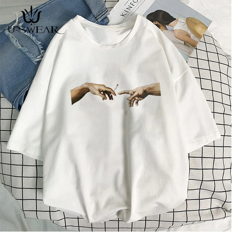 U-SWEAR مايكل أنجلو المتناثرة Ulzzang نعرفكم النساء تي شيرت الصيف مضحك طباعة الهيب هوب تي شيرت الشارع الشهير Casua قمم المحملة