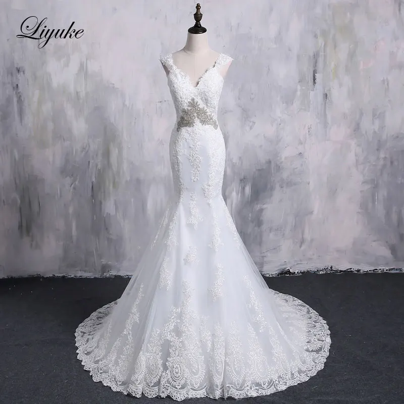 

Gorgeous Lace V-Neck Wedding Dress Sleeveless Detachable Train Beading Sash Appliques Backless Mermaid Bridal Dress Liyuke J58