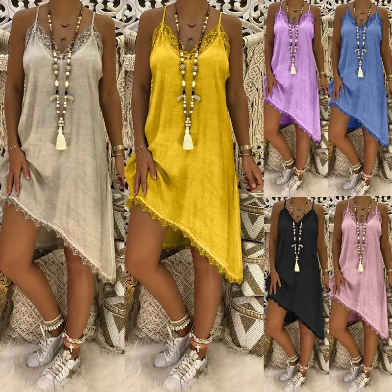 

2019 Summer Dress Cotton new fashion slim lace strap irregular Dress large size Women's Dresses