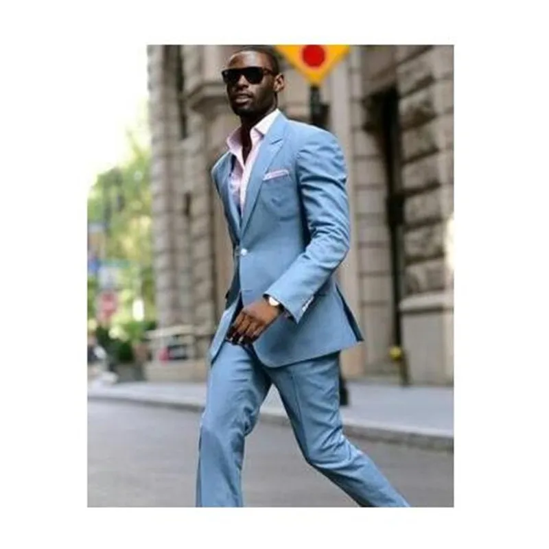 2020 New Light Blue Linen Men Suit For Wedding Slim Coat Pant Design Slim Fit Groom For Wedding Blazer 2Pieces Jacket Pant