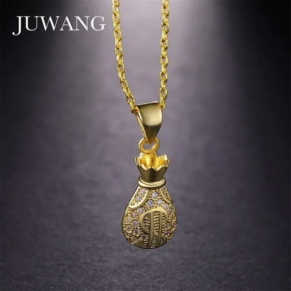 JUWANG знак доллара деньги сумка-амулет Кулоны ожерелье с цирконом AAA для женщин мужчин золотого цвета ожерелье ювелирные изделия - Окраска металла: gold