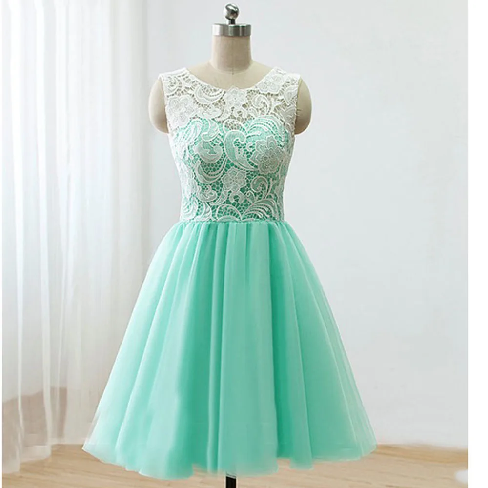 Cute Mint Green Lace Tulle Back Buttons Knee Length Prom Dresses Short Party Dress Vestido De
