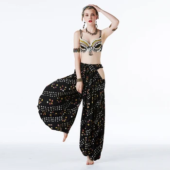 

2019 New Women Dance Wear Performance Clothing Bronze Beads Bra Push Up with Coin Tribal Belly Dance Top Pants Gypsy Trousers