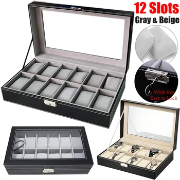 

12 Grids PU Leather Watch Box Case Professional Holder Organizer For Clock Watches Jewelry Display Boxes Glass Top with Key D40