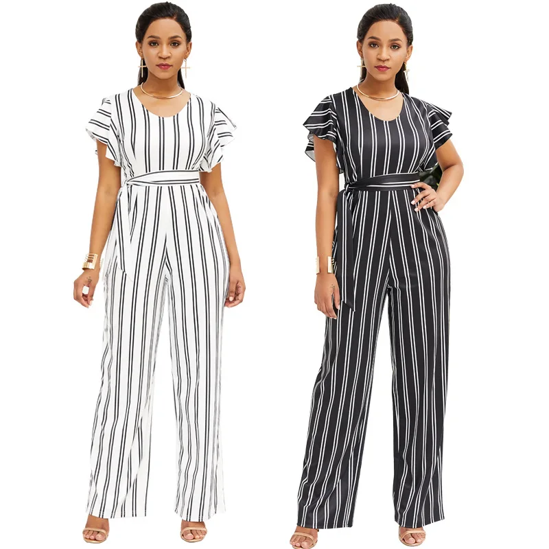 

New summer fashion ruffled ladies jumpsuit black and white striped loose pants shorts sexy wide leg casual high waist jumpsuit