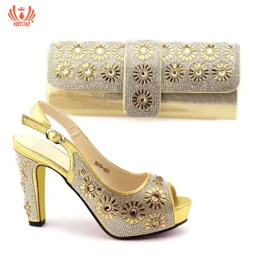 Итальянская обувь и сумочка-клатч, размер 38-42, Модный комплект из туфель и сумочки в африканском стиле серебристого цвета, модные свадебные вечерние туфли на высоком каблуке - Цвет: Золотой