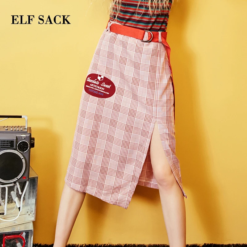 ELFSACK, осень, новинка, женские юбки, повседневные, клетчатые, плиссированные, женская юбка, до колена, трапециевидные, в винтажном стиле, элегантные, облегающие, женские юбки