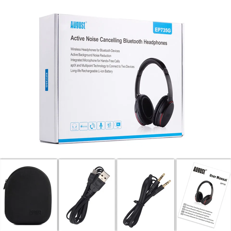 August EP735 Bluetooth наушники с AptX и активным шумоподавлением ANC|bluetooth headphone|wireless bluetooth EP735G_BOX_1500