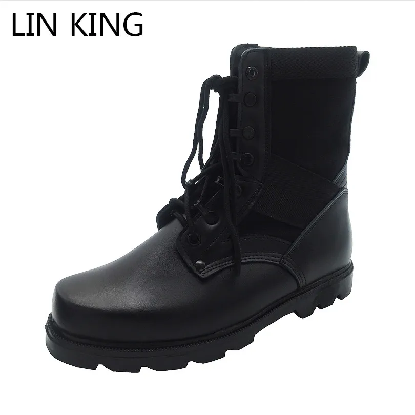 

LIN KING Newest Men Martin Boots Spring High Top Casual Shoes PU Leather Lace Up Stainless Steel Round Toe Military Army Boots