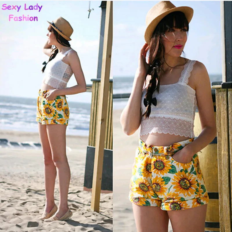 

Classical AA Sunflower Print High Waist Shorts Women Short Pants Feminino de cintura alta faldas y shorts