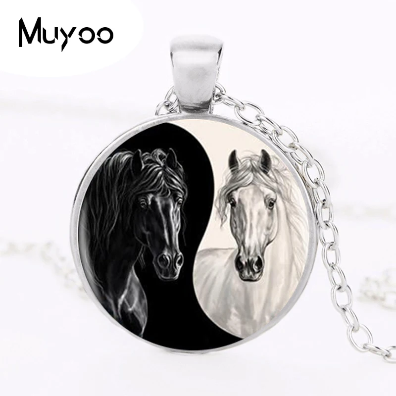 1pcs/lot Yin Yang Horse 2Styles Round Pendant Necklace Long Chian Statement Handmade Necklace For Women HZ1