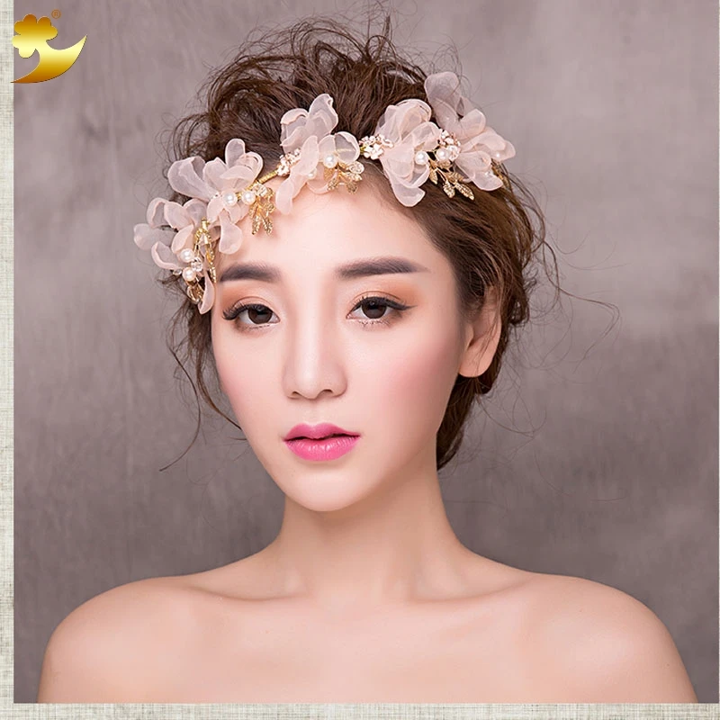 

XinYun Women wedding hair accessories headband Gold Plated Leaf pearl hair jewelry silk floral hairband bridal Tiara Crown 89204