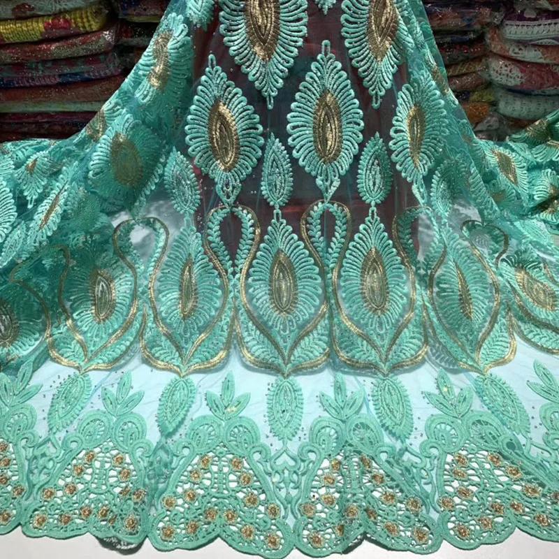 

mint green African net lace fabric with embroidery 5yards French lace fabric with guipure lace borders for party dress FAL010