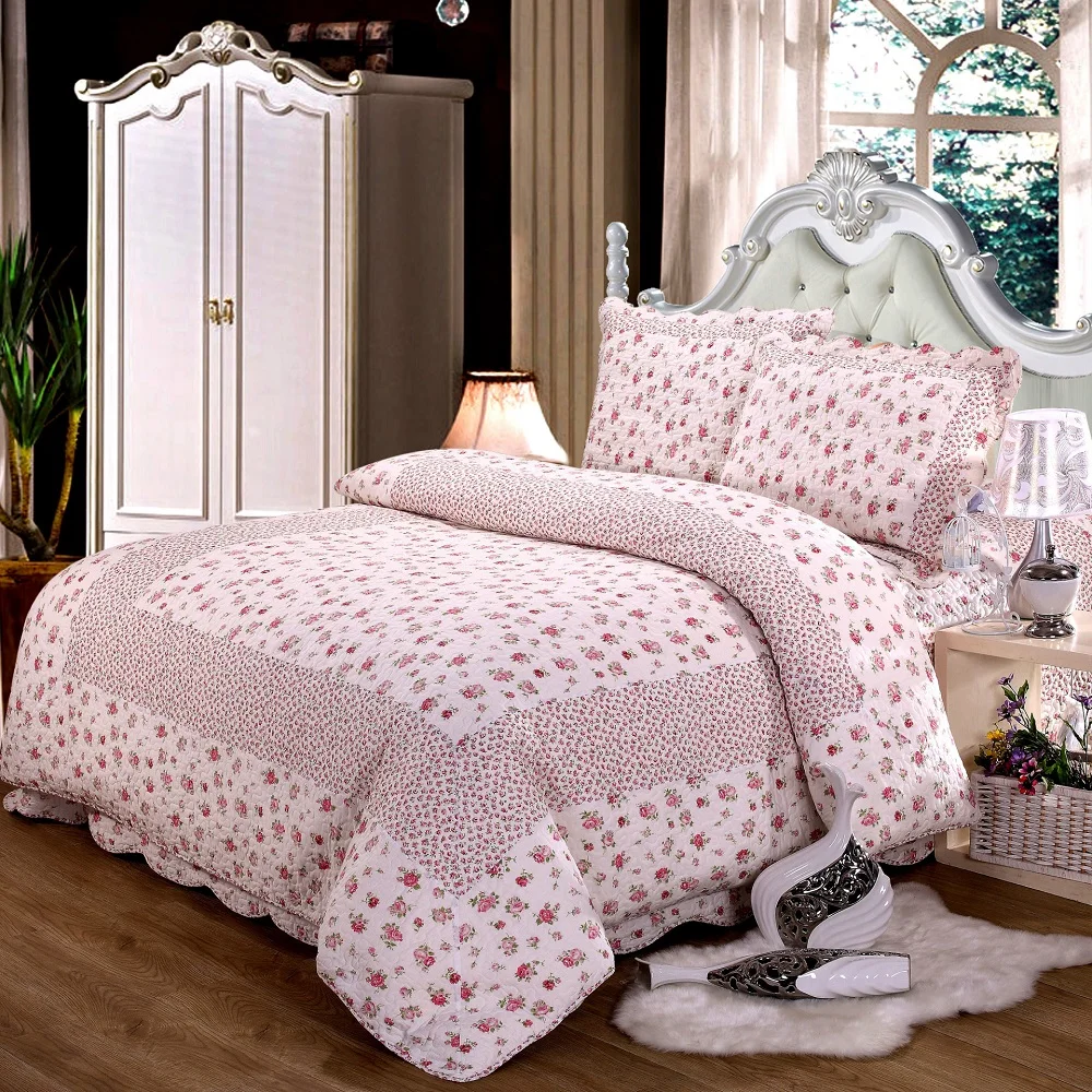 

CHAUSUB Quality Floral Quilt Set 3PCS/4pcs Washed Cotton Quilts Quilted Bedspread Sheets Sharms Coverlet Set King Size