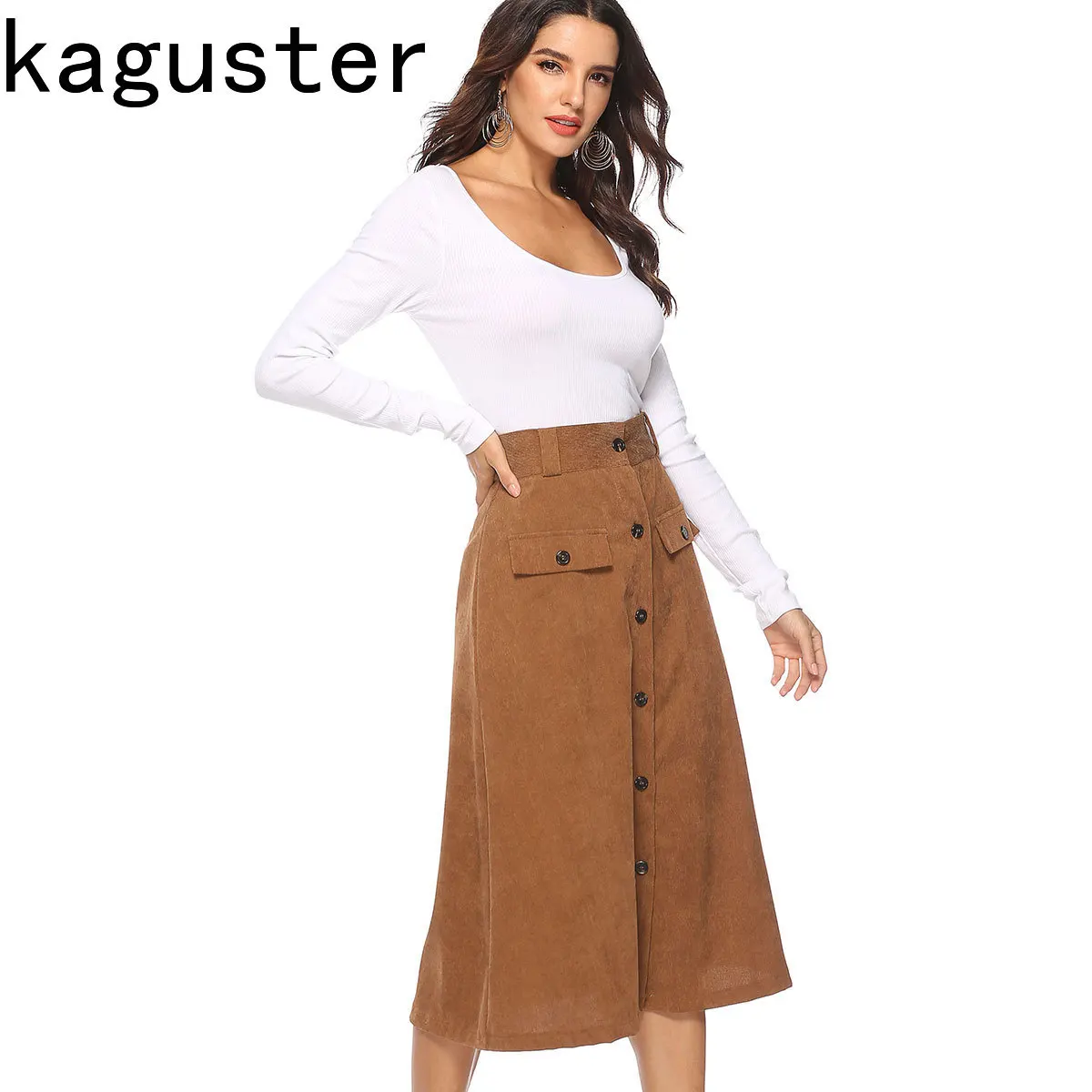 

2019 Women Casual High Waist A-line Skirt with Pocket Single Breasted Buttons Midi Skirt Summer Fashion Sexyl Pure Color Skirts