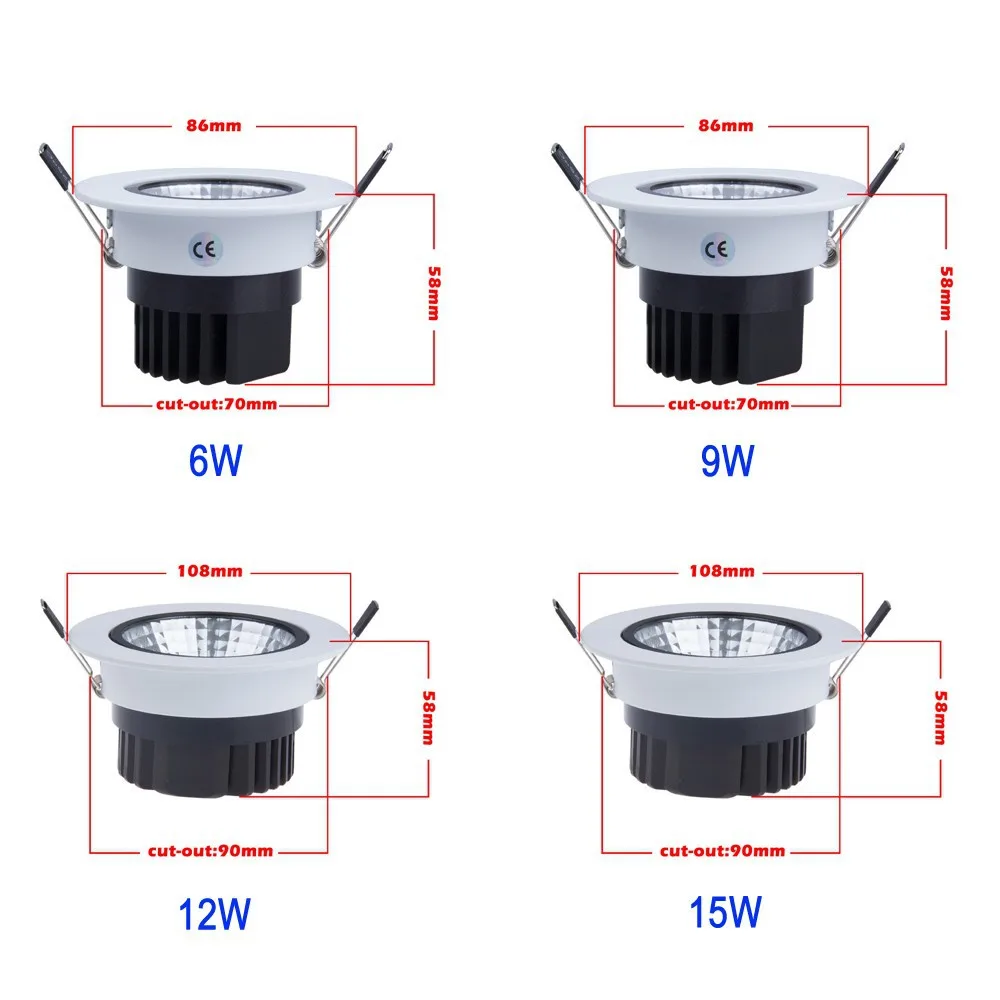 Dimmable Recessed LED Downlight COB 6W 9W 12W 15W Dimming LED Spot Light LED Ceiling Lamp AC 110V 220V Free shipping