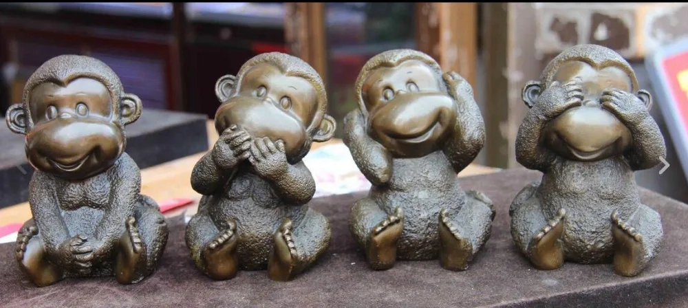 

free Chinese Pure Bronze Copper Home Feng Shui lovely Four Monkey Monkeys Statue Set fast