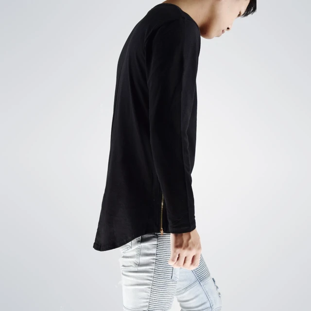 Moomphya 2021 New Fashion Street Wear T Shirt Men Extend Swag Side Zip TShirt Super Longline Long Sleeve T-Shirt With Curve Hem