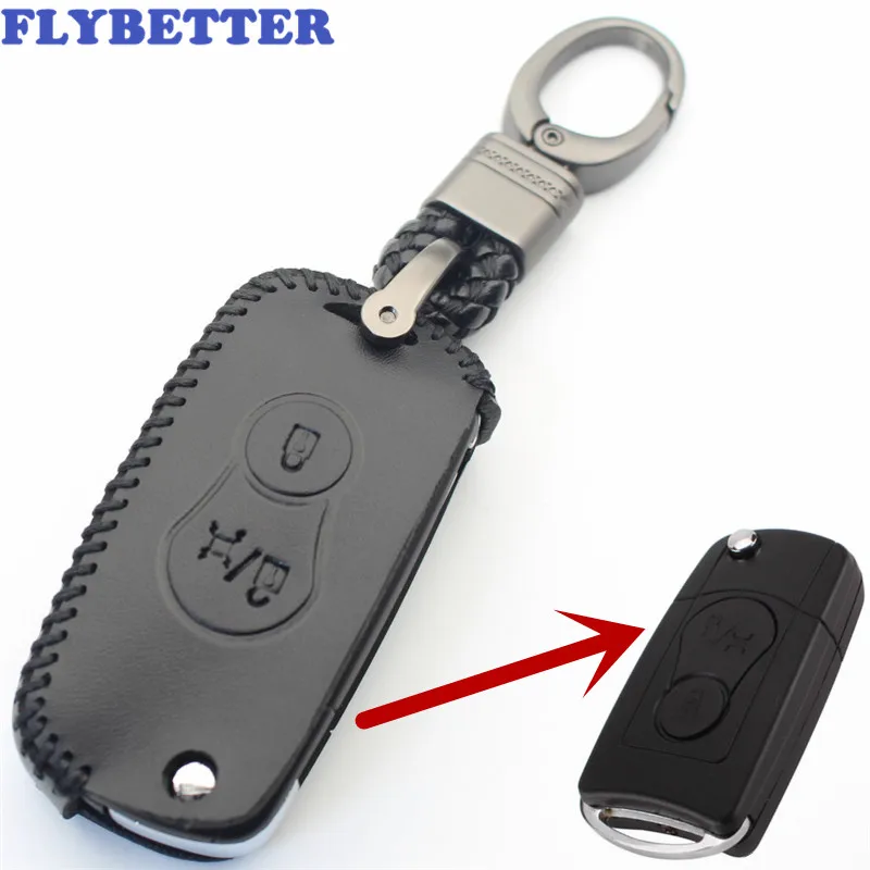 

FLYBETTER Genuine Leather KeyChain 2Button Flip Key Case Cover For Ssangyong Actyon/SUV/Kyron L358