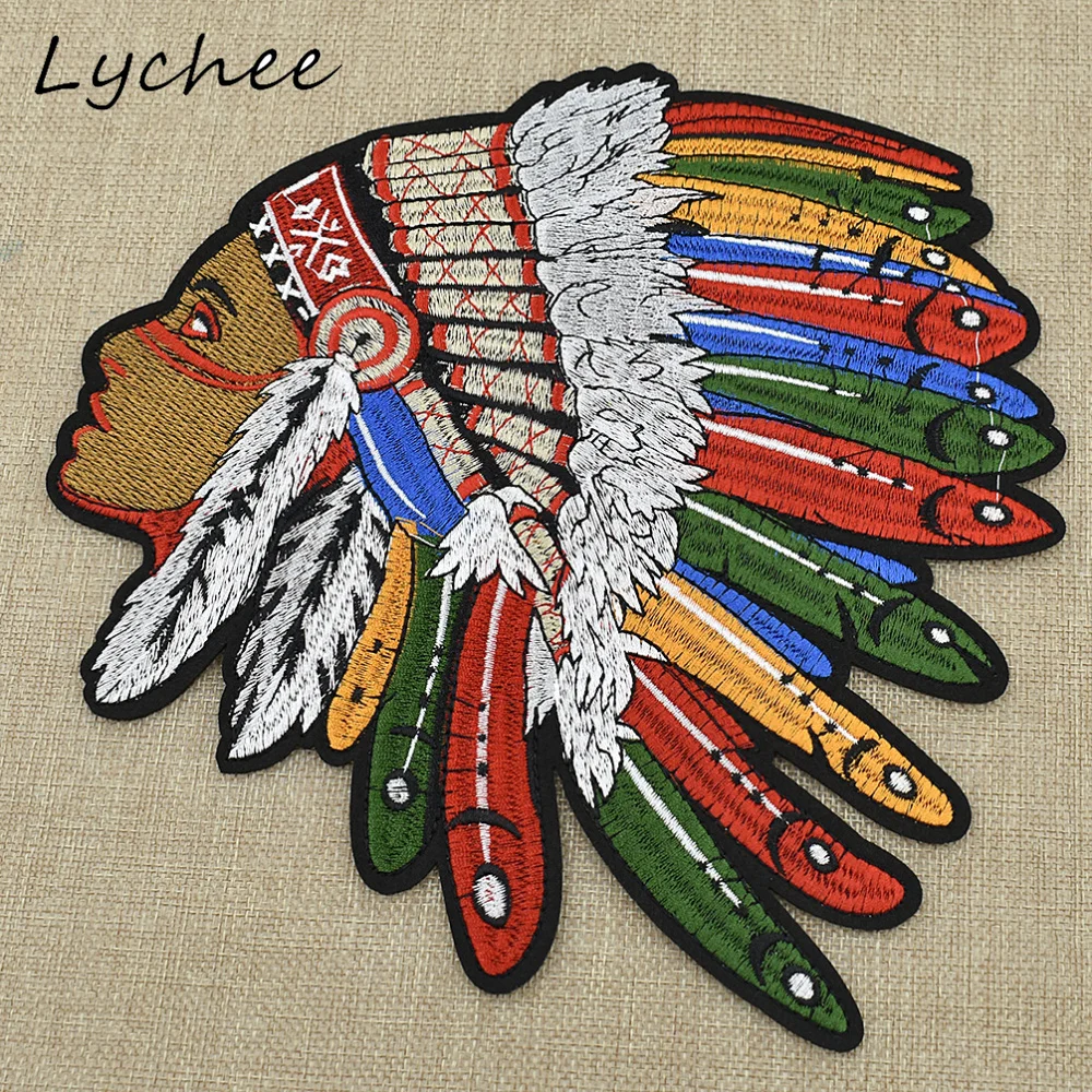 

Lychee 24cm Oversized Colorful Indian Head Feather Embroidery Patches With Adhesive DIY Sewing Garment Applique