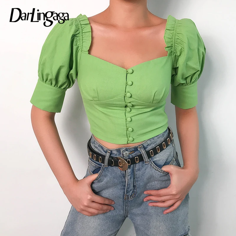 

Darlingaga Fashion Chic Square Neck Summer Blouse Shirt Women Ruched Puff Sleeve Cropped Tops Women's Shirts Vintage Palace Top