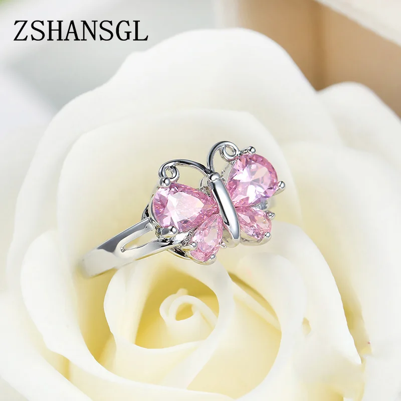 Подлинное 925 пробы Серебряное кольцо с бабочкой и сверкающим розовым фианитом для женщин, ювелирные изделия из стерлингового серебра, рождественский подарок