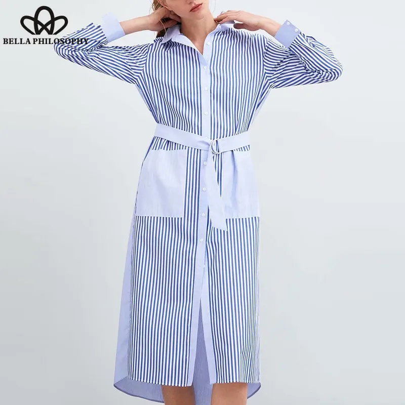 Wonder Spring Long Sleeve Striped Long Maxi Dress Vintage Sashes Female Split Dress Casual Street Wear Lady A-Line Dress 2019