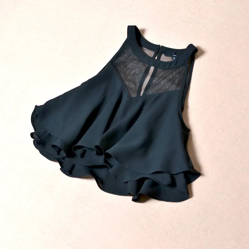 

CT847 Summer New Sexy Sleeveless Ruffles Hem Pullover Short Women Blouse Fashion Elegant Hollow Out Chiffon Blouses For Women