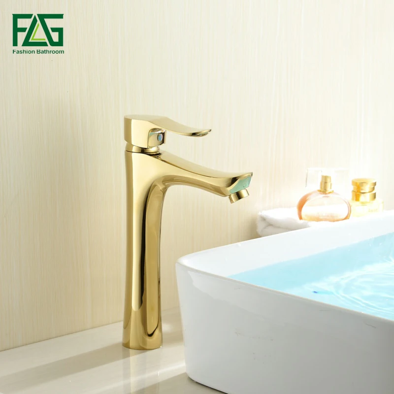 

FLG Heightening Basin Faucets Gold Plated Single Handle Cold Hot Water Bathroom Faucet Deck Mounted Wash Sink Mixer Tap 541-22G