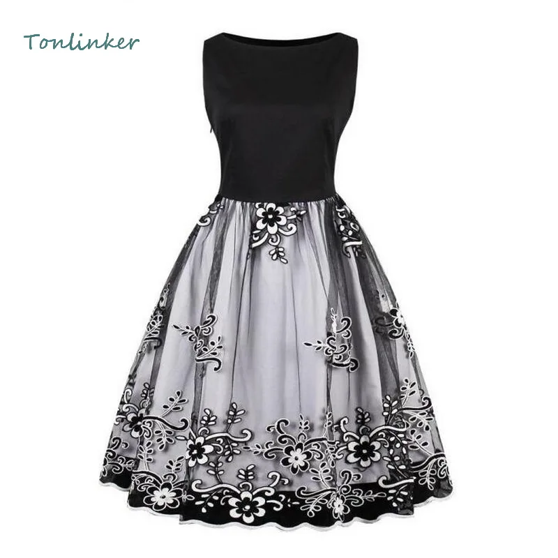 

Tonlinker Summer women embroidery Dress vintage style party dress black elegant female tank sleeveless dresses
