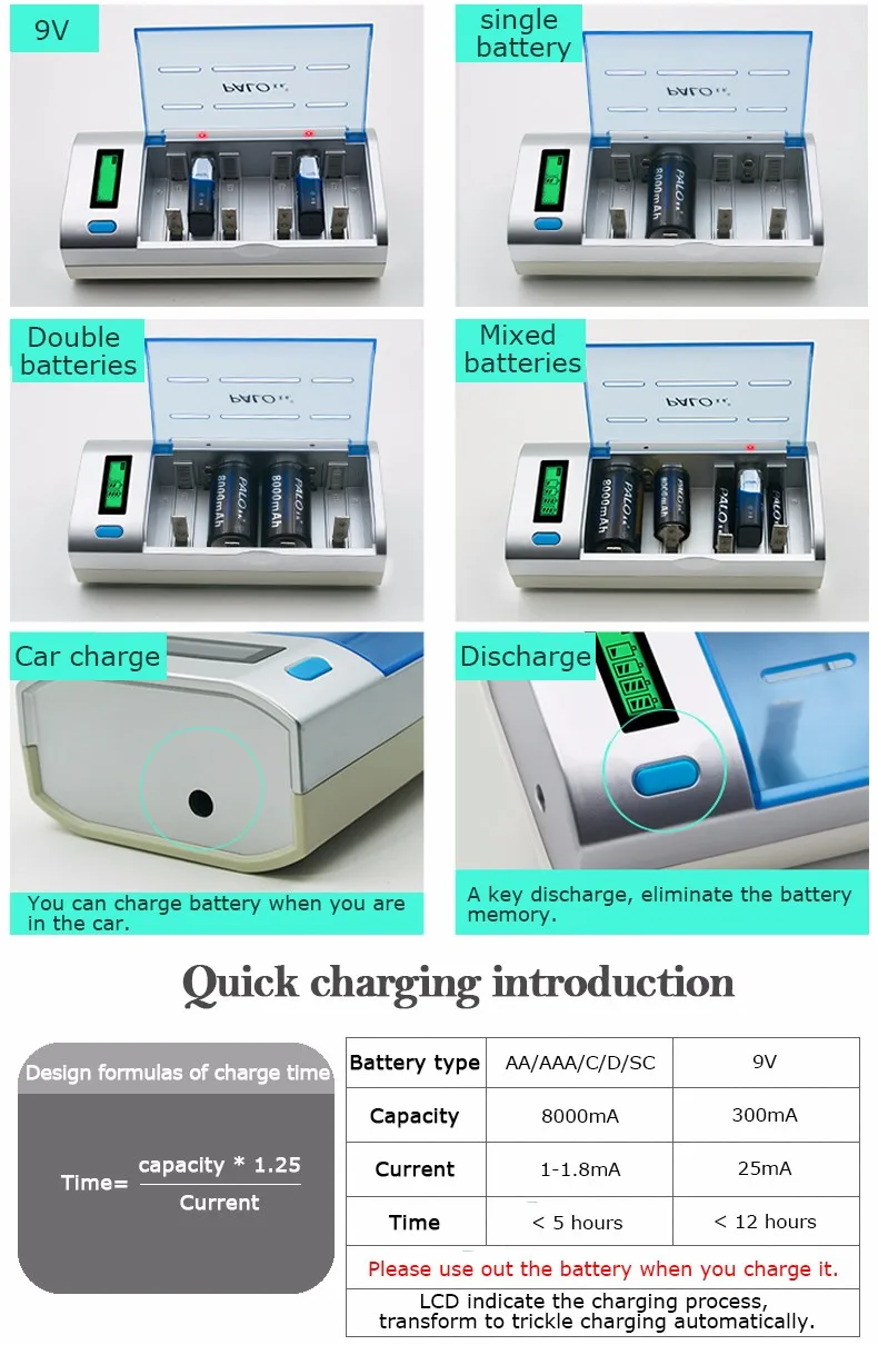 PALO ЖК-дисплей Умный интеллектуальный аккумулятор зарядное устройство для AA/AAA/SC/C/D/9 В размер батареи+ 4 шт D размер батареи для газовой плиты