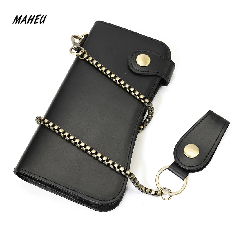 

MAHEU Super Quality Pure Leather Wallet With Iron Chain 100% Cowhide Leather Black Brown Chain Wallet Men 2019 Popular Designs