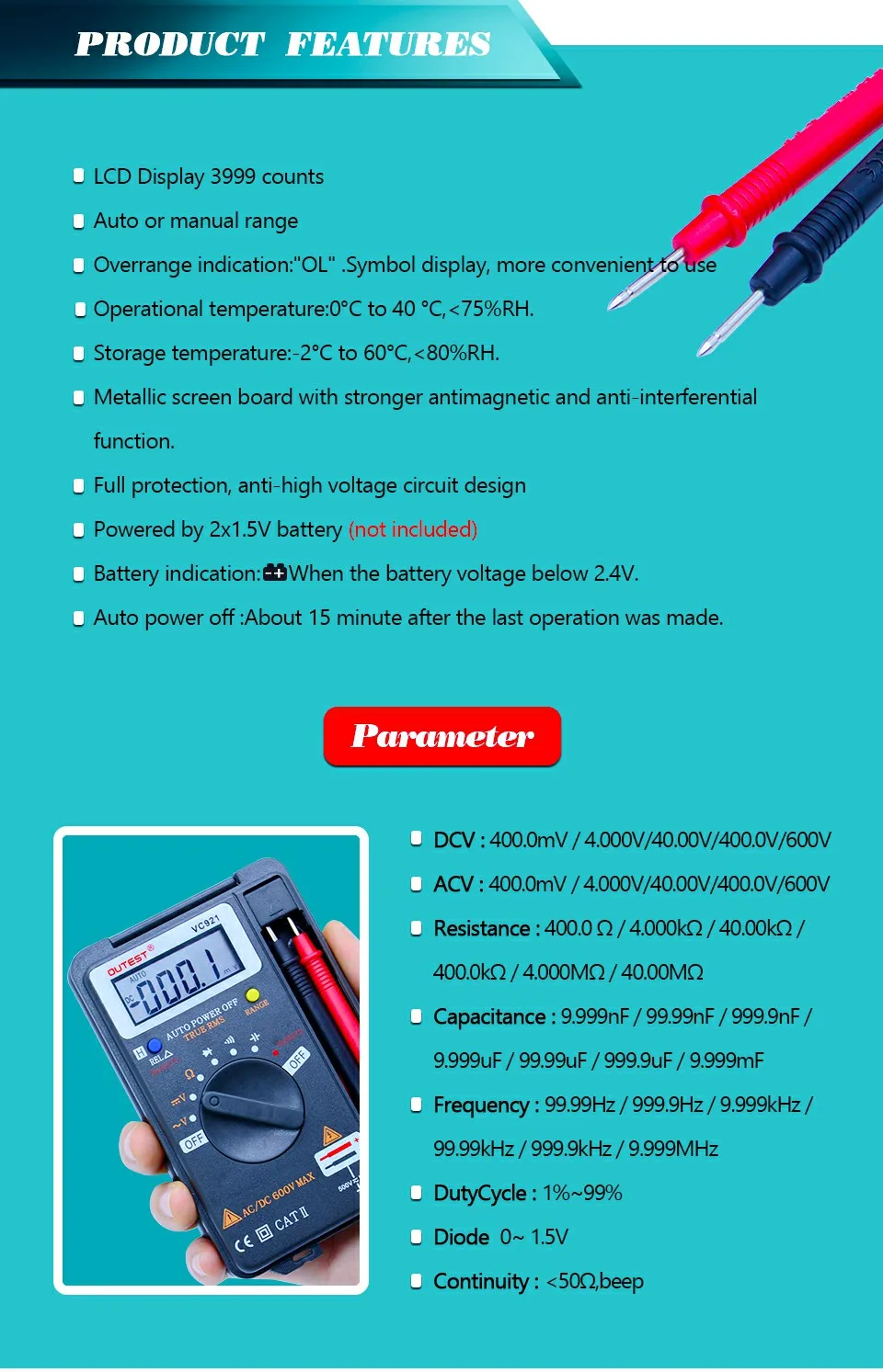 VC921 3 3/4 DMM Интегрированный персональный карманный мини цифровой мультиметр Емкость Сопротивление Частота Тестер