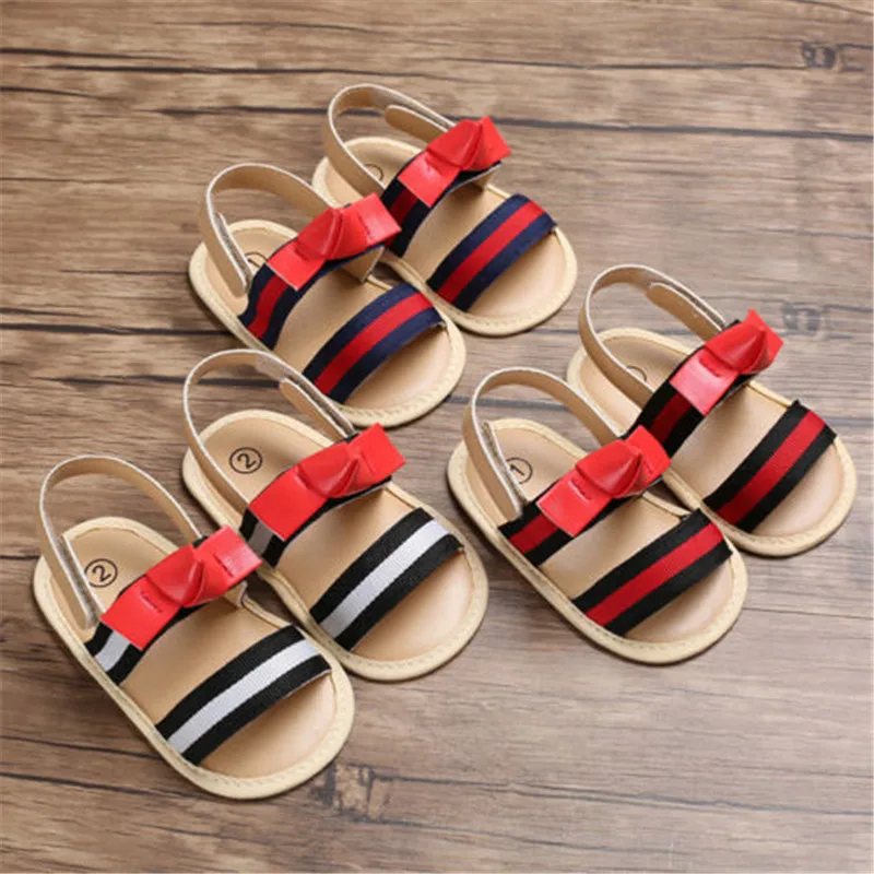 

Kids Baby Boys Girls PU Leather Sandals Clogs Summer Soft Crib Sole Shoes Striped Bowknot Patchwork Sandals Clogs 0-18M