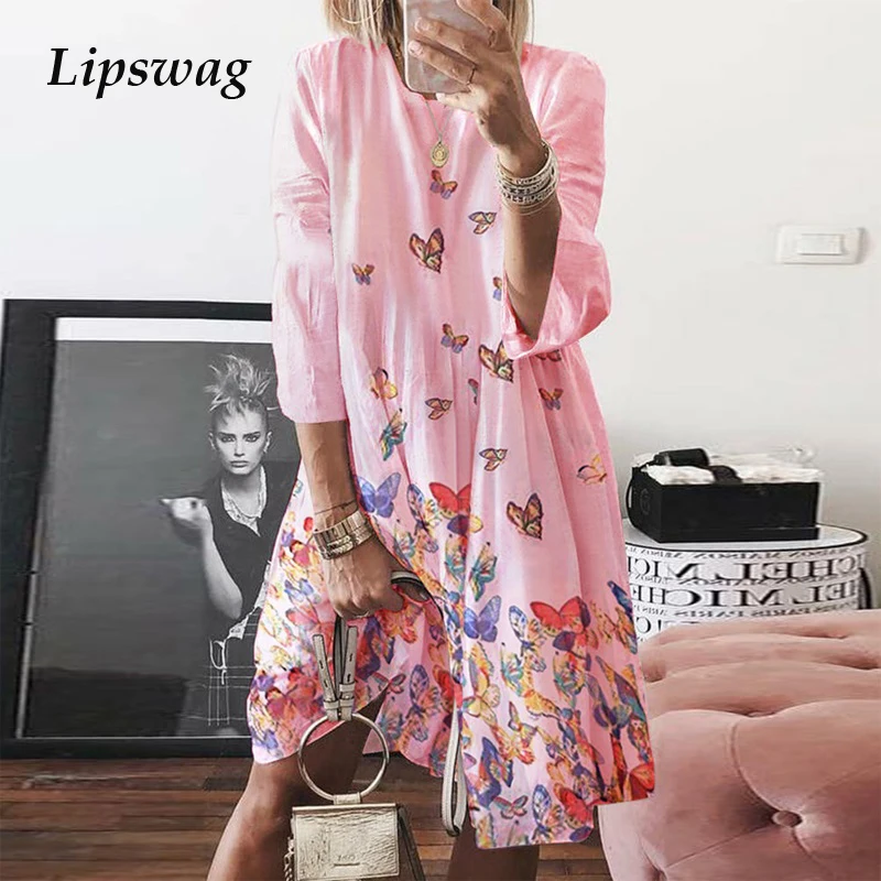 

Lipswag 5XL Women Casual Butterfly Print Dress Fashion O Neck Party Dresses Summer Elegant Plus Size Beach Female Dress Vestidos