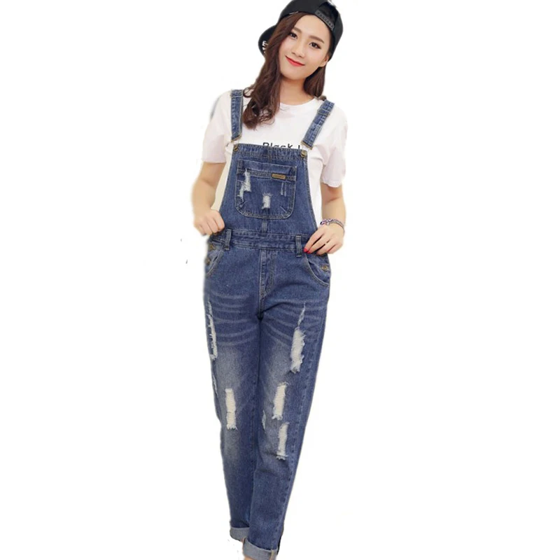 

LinsDenim 2016 Summer Womens Overalls Jumpsuits Rompers Casual Blue Strap Ripped Hole Denim Pockets Jeans Bib Female Pants