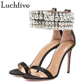 

Rhinestones Silk One Strap Sandals Women Thin High Heels Runway Design Cover Heel T-show Party Wedding Shoes Women Zapatos Mujer