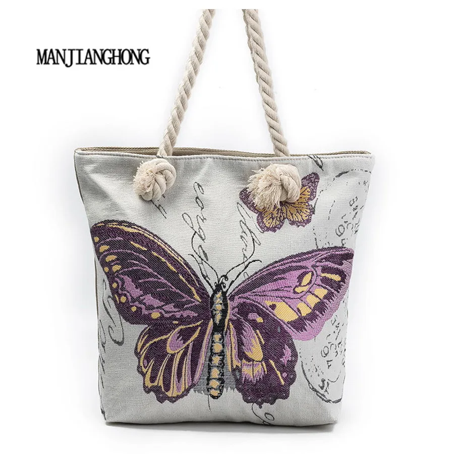 MANJIANGHONG Butterfly Printed Canvas Tote Female Casual Canvas Shoulder Bag Large Capacity ...