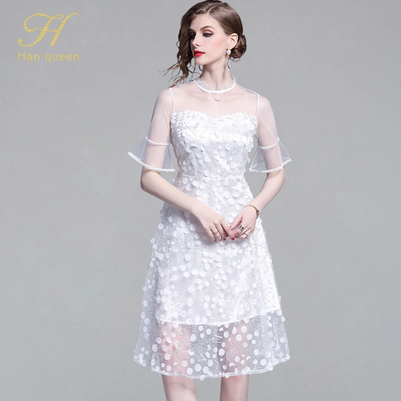 

H Han Queen Elegant Sweet Fairy Dress Women Summer New Mesh Embroidery Flower A-line Dresses OL Flare Sleeve Knee-length Vestido