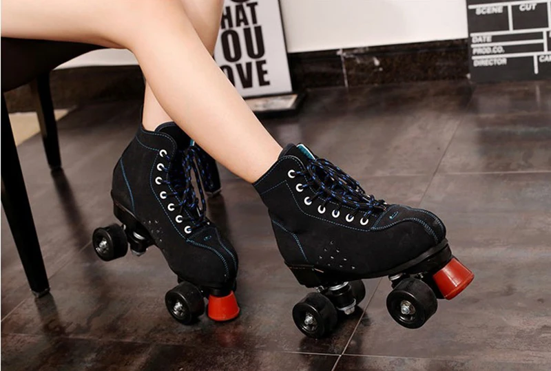 Унисекс двойная линия взрослых ПУ кожа Крытый Quad параллельная обувь для скейтборда сапоги 4 PU колеса черные с тормозом дышащие