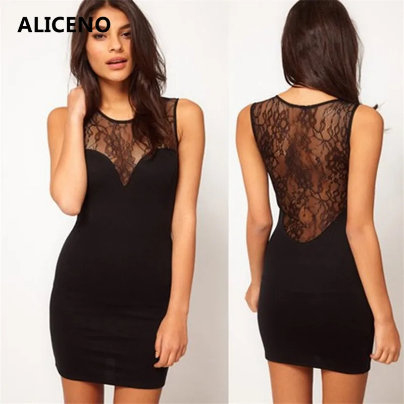 

ALICENO New 2019 Sexy Women Club O-Neck Dress Above Knee Mini Pencil Dresses Elegant Lace Patchwork Tank Dress XS-2XL W9050504