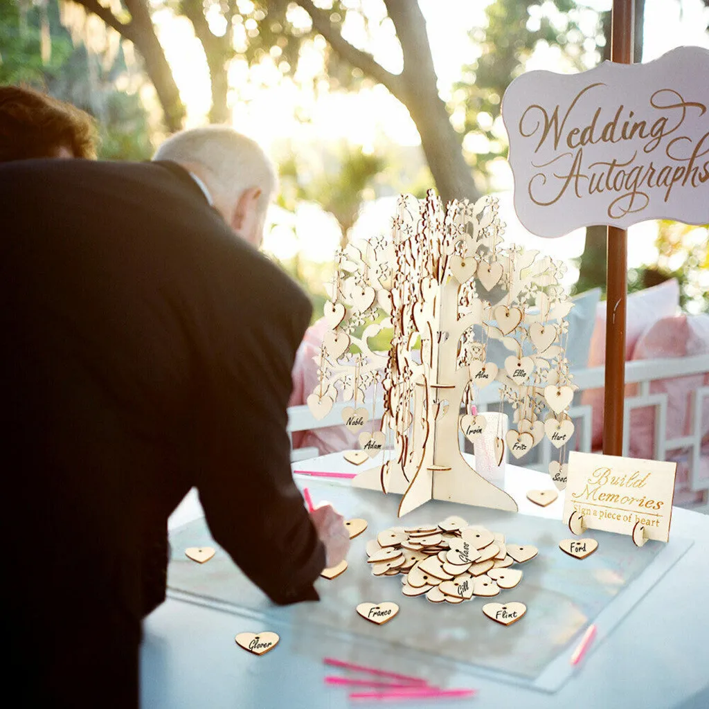 

3D Wedding Guest Book Tree Wedding Guest Signature Book Wooden Hearts Pendant Drop Ornaments for Wedding Party Decor Supplies